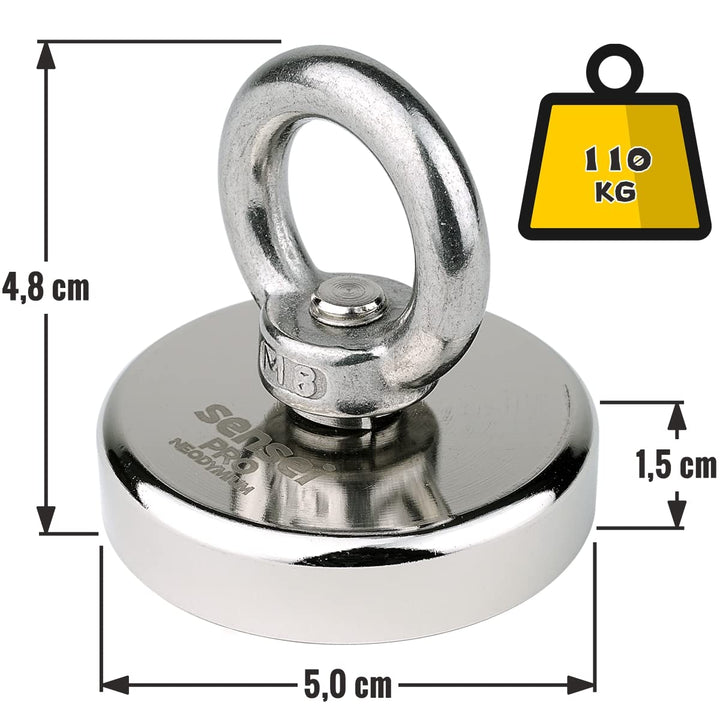 SENSEI Set 110 kg, N52 Neodym-Magnet mit Öse, Ø5 x H1,5 cm, Segelseil 25 m, Schutzhandschuhe + Zubeh