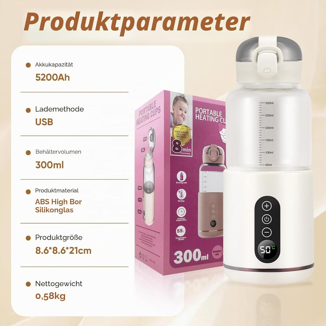 Tragbarer Babyflaschenwärmer 300ML, Auto Baby Flaschenwärmer, Einstellbare Temperatur von 37 °C bis