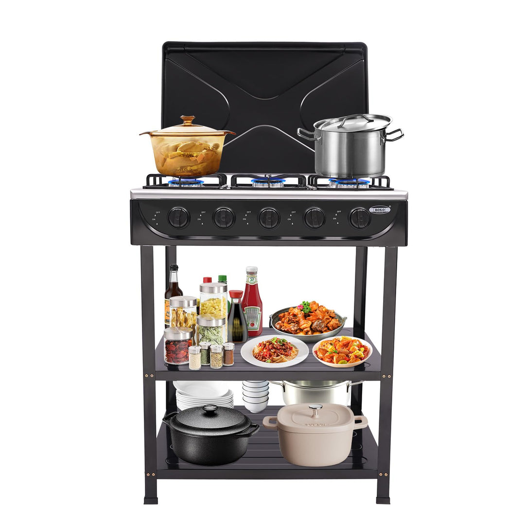 Gasherd 5 Flammen 2 5KW Propan Gaskochfeld Freistehend Outdoor Camping Kochfeld mit Ablageflächen un