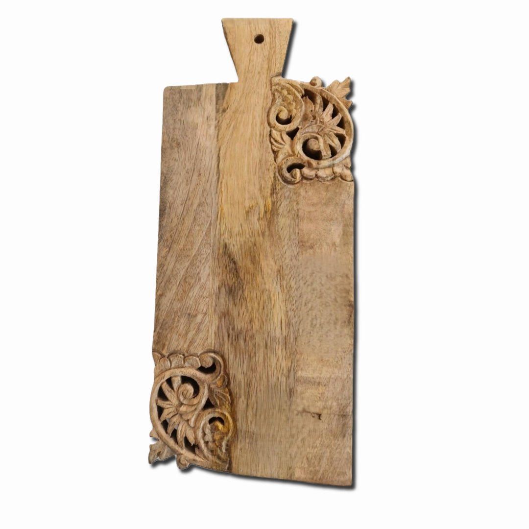 Holz Schneidebrett – Servierbrett aus Massivholz, Naturholz mit Schnitzdesign, 39 x 17 x 2 cm
