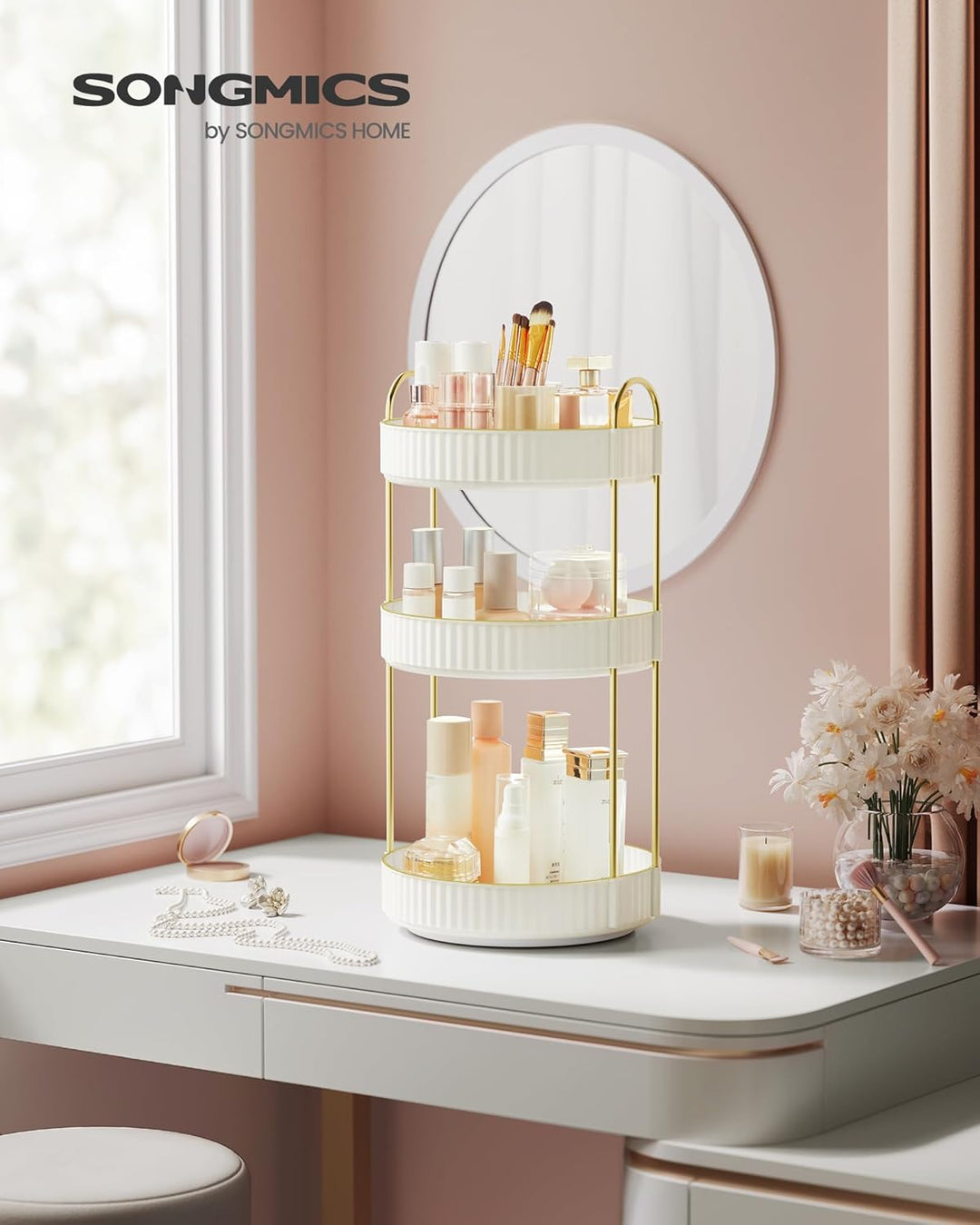 SONGMICS Make-up Organizer drehbar, Kosmetik-Organizer rund, 3 Ebenen, Kosmetik Aufbewahrung, anpass