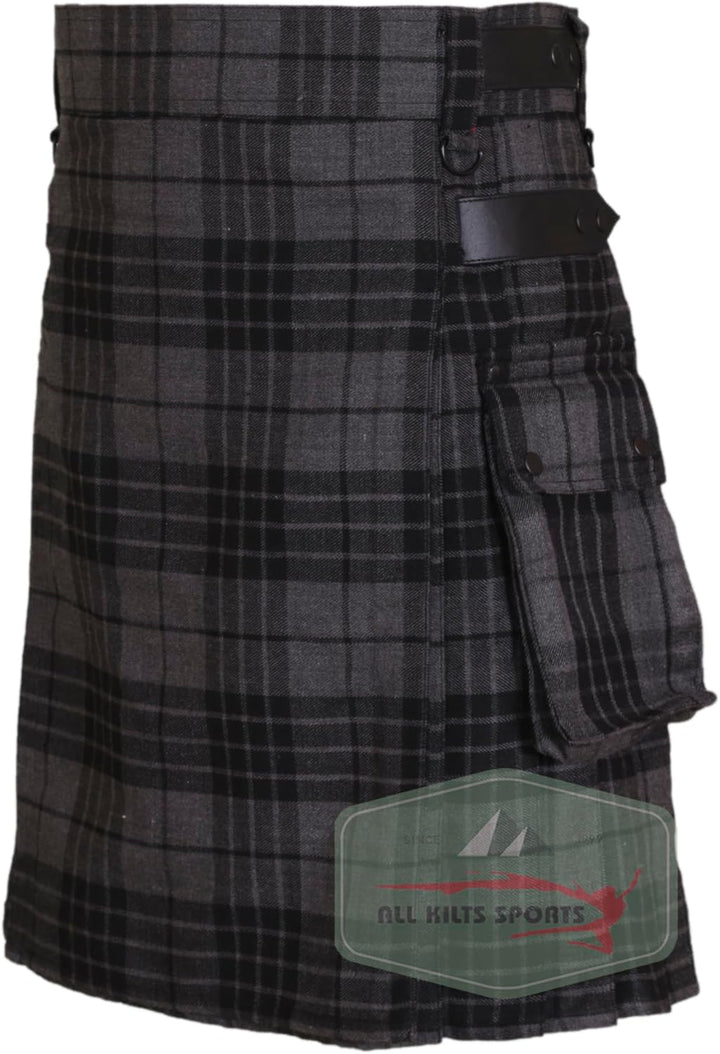 All Kilts Sports Utility-Kilt für Herren aus Acrylwolle mit Lederriemen, Dark Grey Watch 34