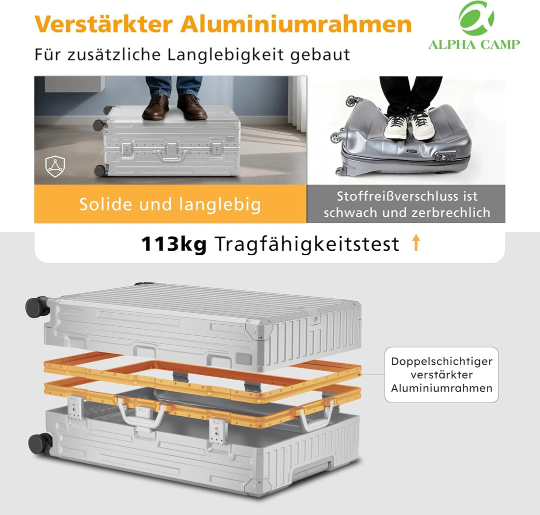 ALPHA CAMP Koffer XL Reisekoffer mit Rollen TSA Schloss, Hartschalenkoffer Gross Suitcase Aluminium