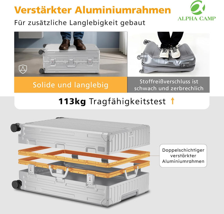 ALPHA CAMP Koffer XL Reisekoffer mit Rollen TSA Schloss, Hartschalenkoffer Gross Suitcase Aluminium