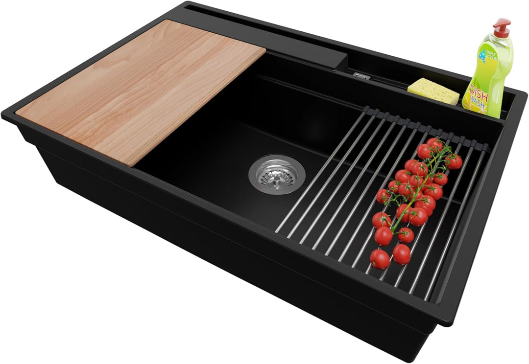 Spülbecken Schwarz 78x53 cm, Granitspüle 1 Becken + Ablauf-Set, Küchenspüle ab 80er Unterschrank, Ei