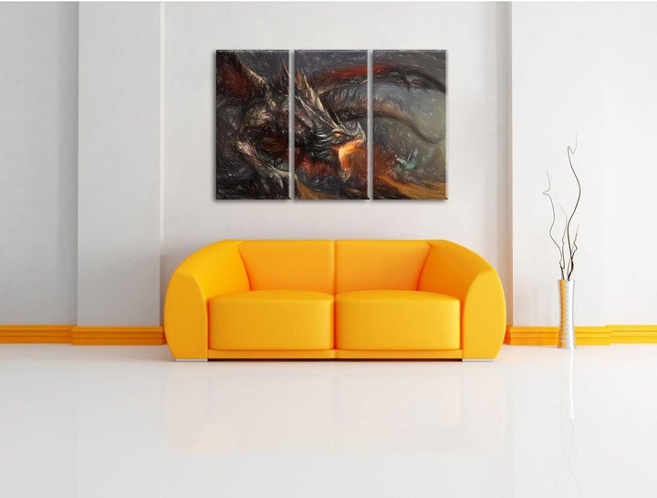 Pixxprint Kampf zwischen Mensch und Drache Bunstift Effekt 3-Teiler Leinwandbild 120x80 Bild auf Lei