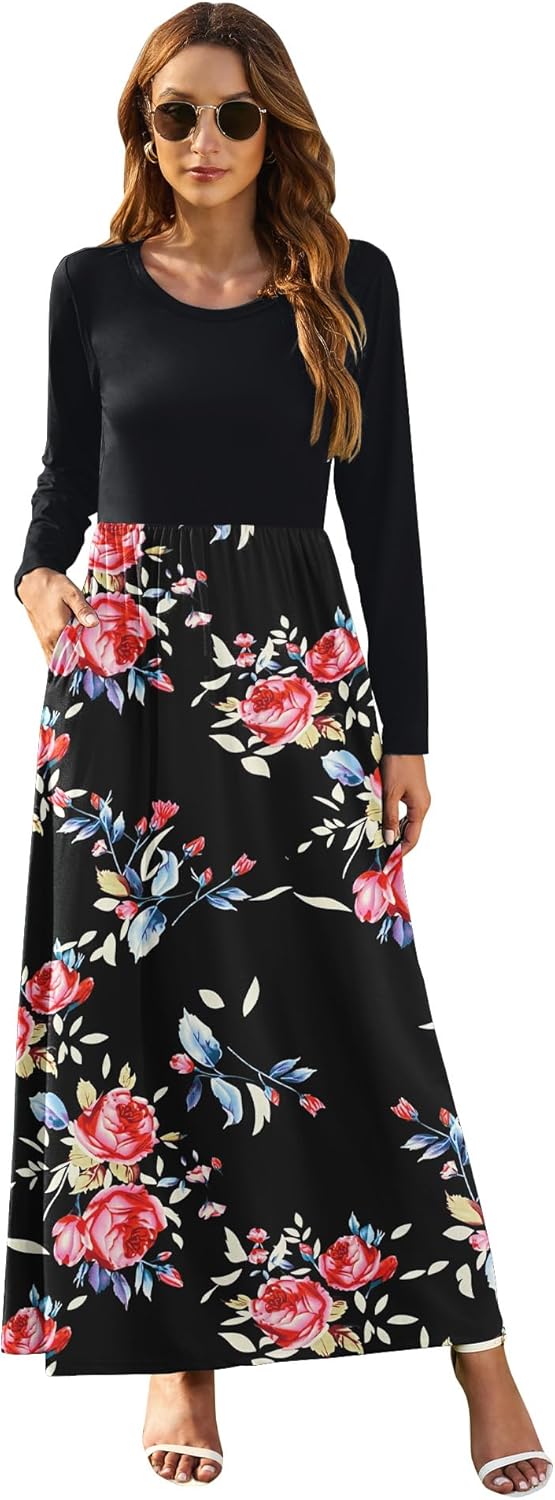 AUSELILY Damen Langarm Maxikleider Lässige Langkleider mit Taschen Winter, Rose Schwarz