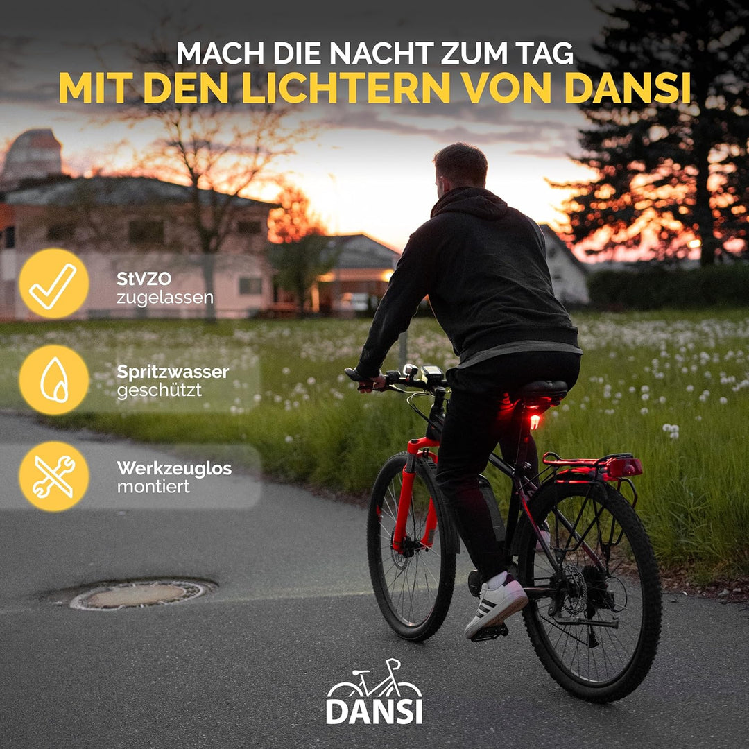 DANSI Fahrradleuchten-Set StVZO I LED-Fahrradlicht I Rad-Licht hell vorne 60/30/15 Lux, Akku-Leuchte
