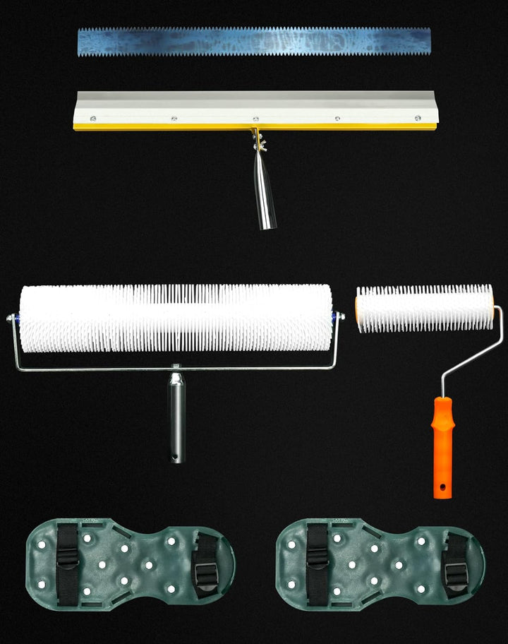 QWORK® Bodenbeschichtung Set, Entlüftungswalze+Epoxid Spike Schuhe+Stehrakel Grossflächenrakel 4 Stü