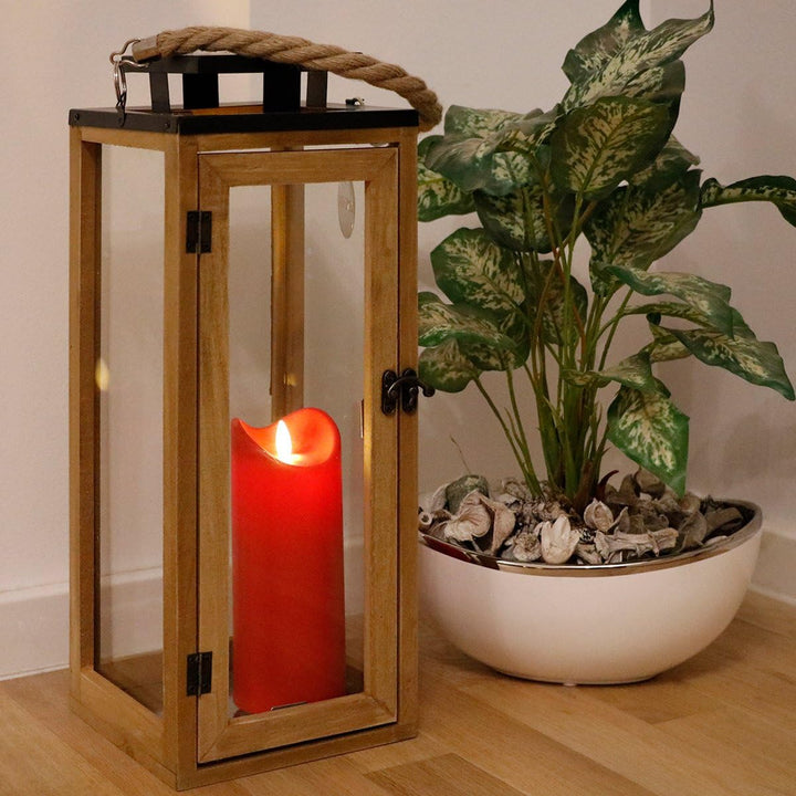 Dekovita 42cm Holz-Laterne - Gartenlaterne inkl. 18cm Outdoor LED Kerze in Rot mit Timer Fernbedienu