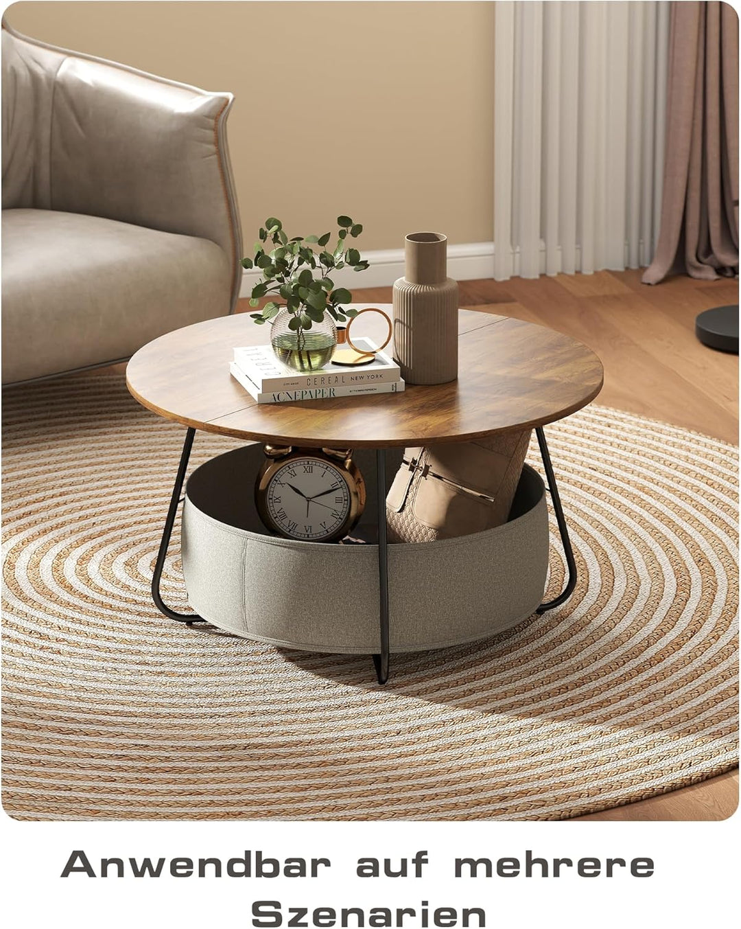 Manora Couchtisch Rund Braun mit Stoffkorb & Stauraum,Runder Wohnzimmertisch mit Korb,Moderner Sofat