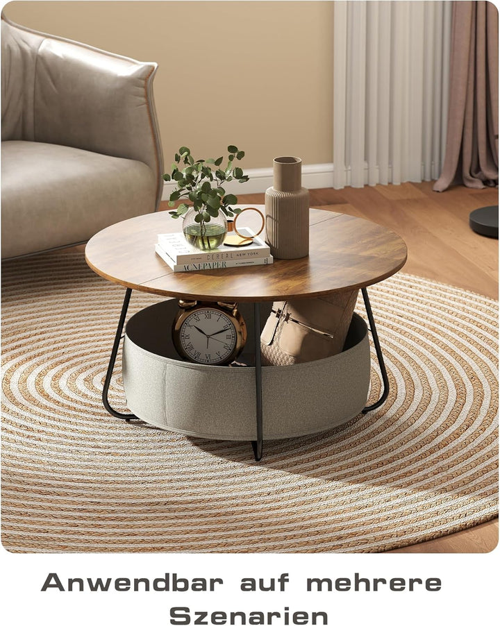 Manora Couchtisch Rund Braun mit Stoffkorb & Stauraum,Runder Wohnzimmertisch mit Korb,Moderner Sofat