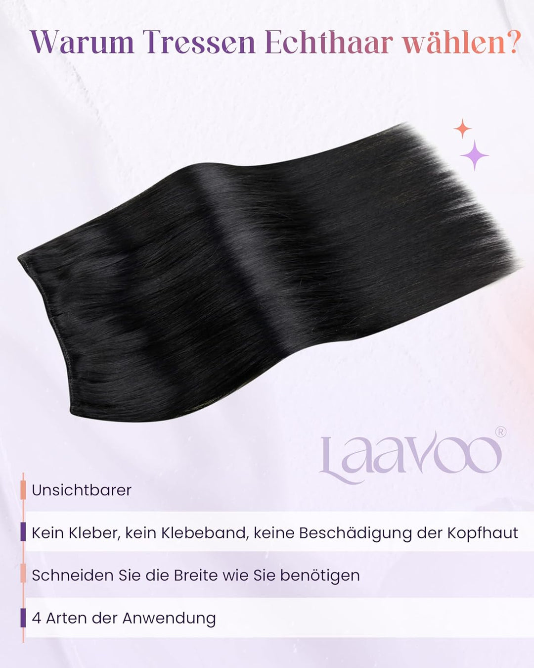 LaaVoo Tressen Extensions Echthaar Schwarz Haarverlängerung Echthaar Weave 40cm Haartressen Extensio