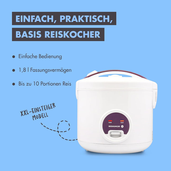 REISHUNGER Reiskocher & Dampfgarer mit Keramikbeschichtung, Weiss, 1,8L - bis zu 10 Portionen - Schn