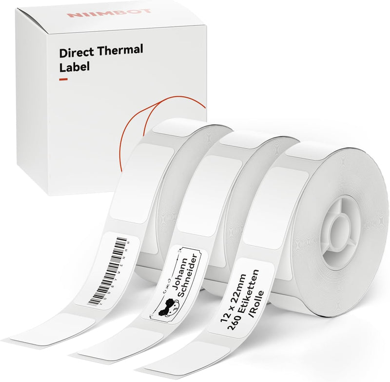 NIIMBOT Thermo Etiketten Selbstklebend, 12 x 22mm Etikettendrucker Thermopapier Kompatibel mit dem D