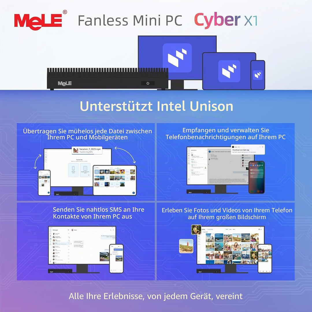 MeLE Cyber X1 Mini PC N150 (bis zu 3,6GHz, 4C/4T) 32GB LPDDR5 512GB Speicher Win 11 Pro Lüfterloser