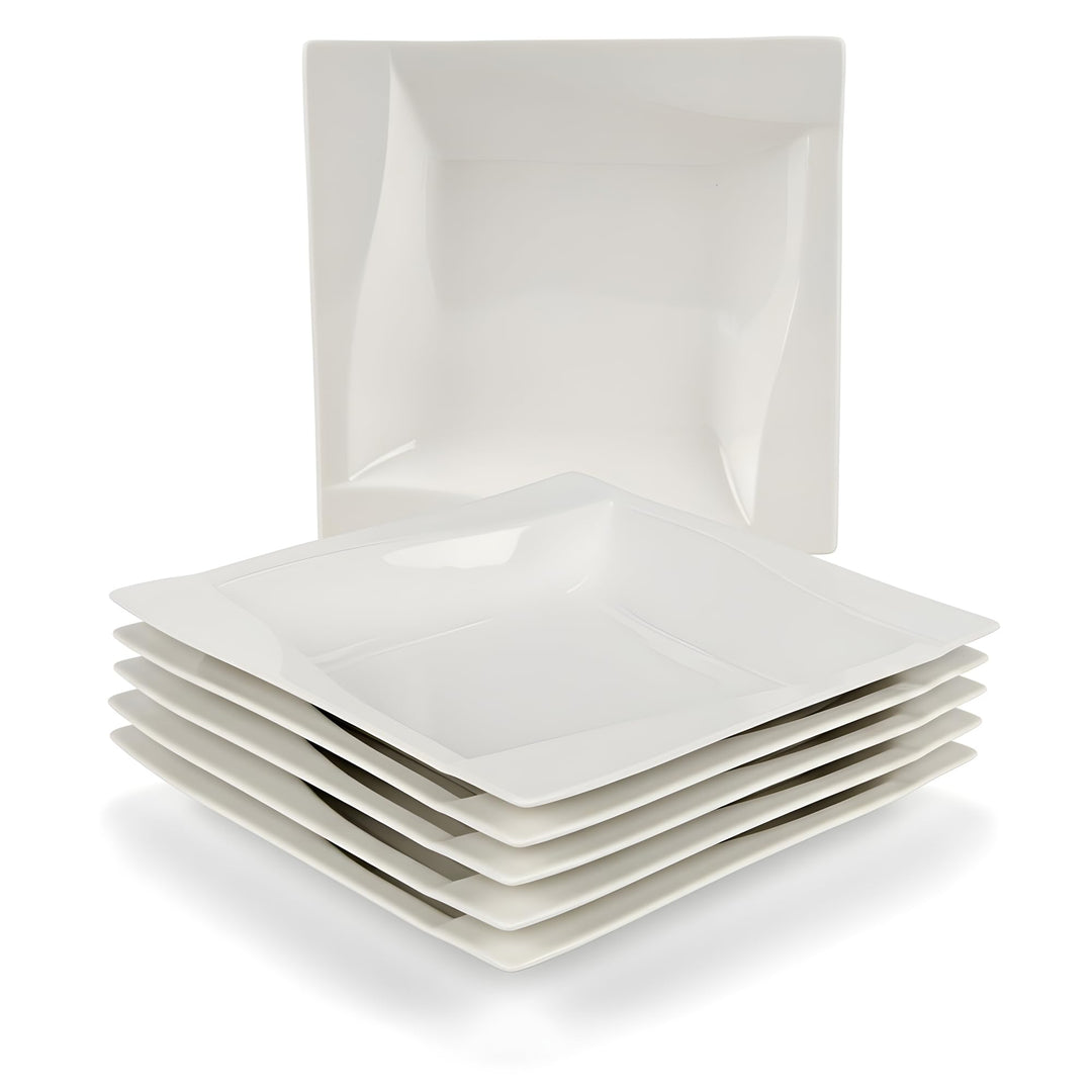 6-Tlg Suppenteller Tief aus Porzellan - 20,5 cm - Pastateller Set 6 Personen - Weiss Tiefe Teller -