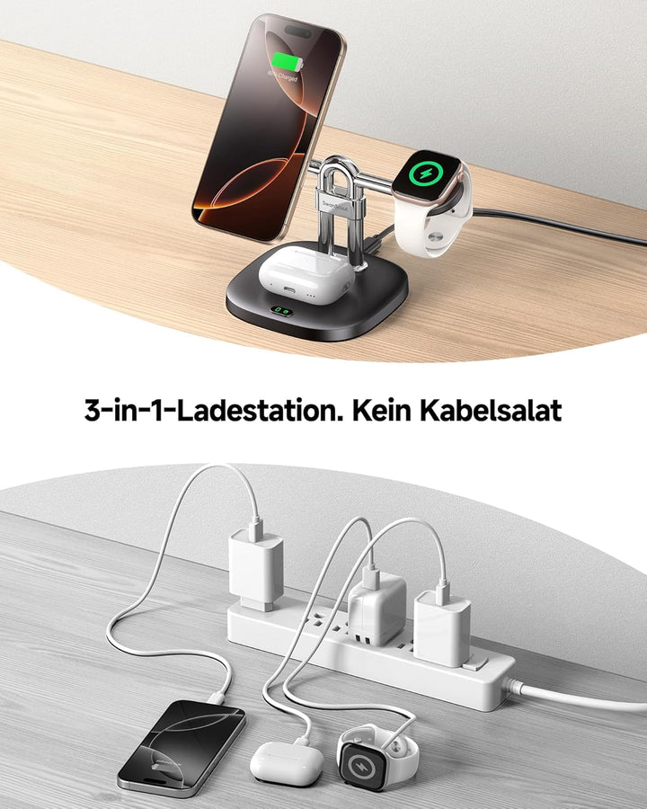 SwanScout Magnetische Ladegerät, 3 in 1 Induktive Ladestation für iPhone 17/Air/16/15/14/13/12, Wire