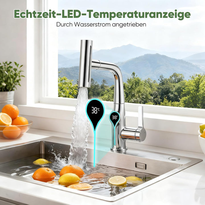 Wasserhahn Küche mit LED Temperaturanzeige, Wasserhahn Küche Ausziehbar, Hochdruck Küchenarmatur mit