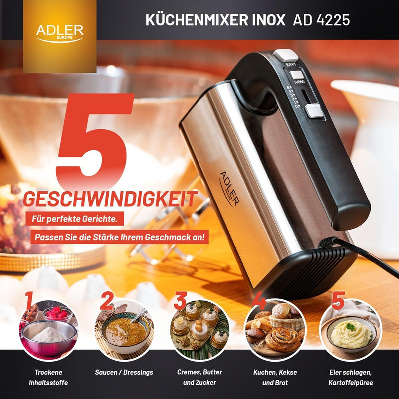 ADLER AD 4225 INOX Handmixer, 800 W, Küchenmaschine, Mixer mit 3 Funktionen, Handrührgerät, Handrühr