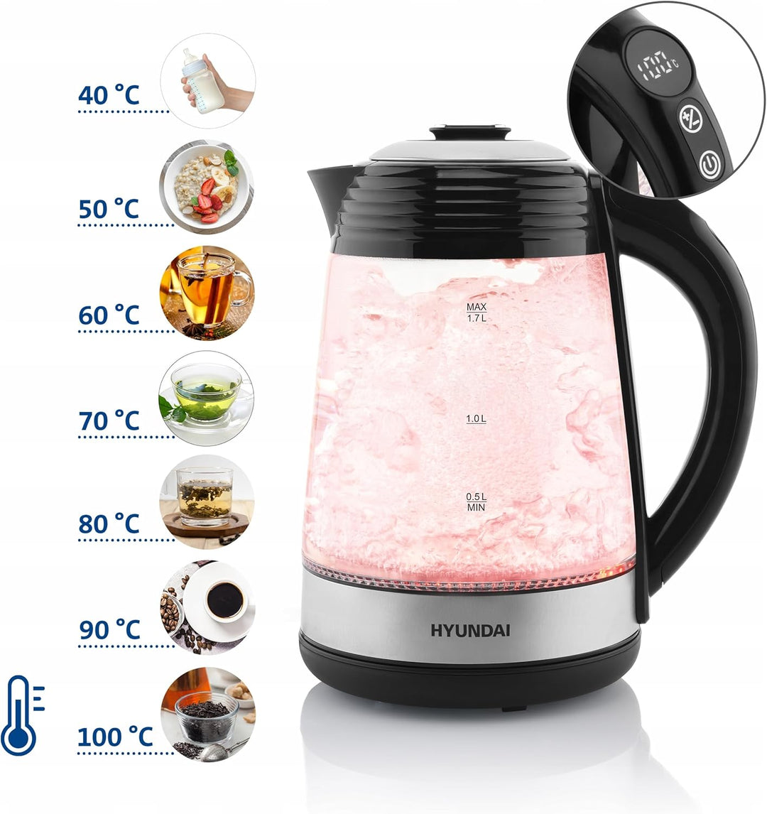HYUNDAI VK 780 Glas Wasserkocher mit 7 Temperatureinstellungen I 40-100°C I LED Beleuchtung I Warmha