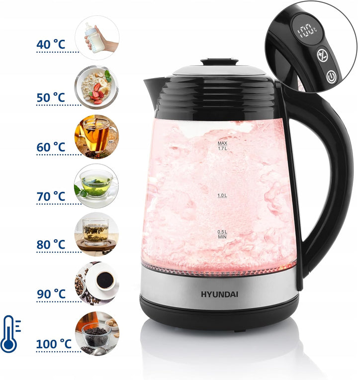 HYUNDAI VK 780 Glas Wasserkocher mit 7 Temperatureinstellungen I 40-100°C I LED Beleuchtung I Warmha