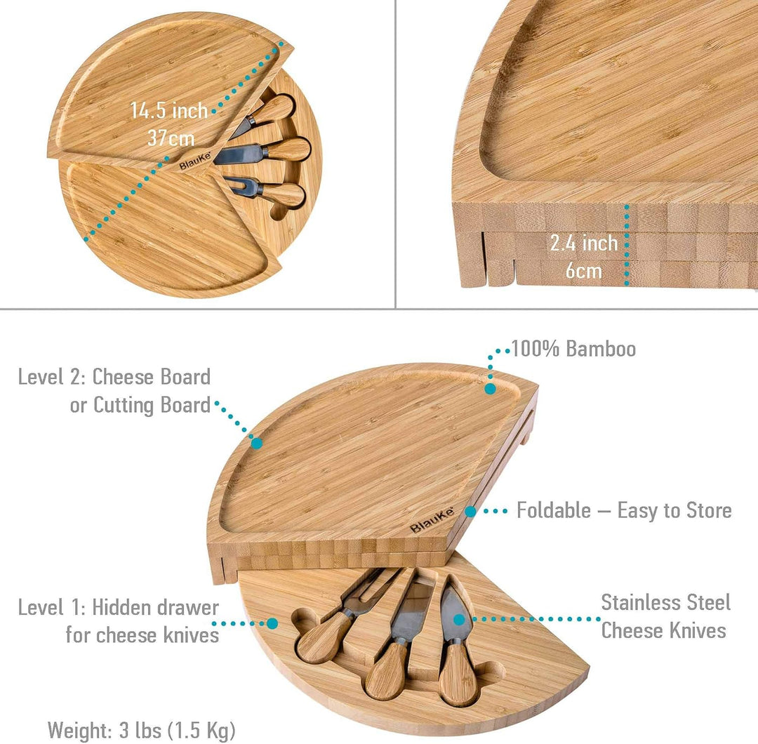 Bambus Käsebrett mit Käsemesser Set – 37cm Rund Servierplatte aus Holz für Käse und Häppchen – Drehp
