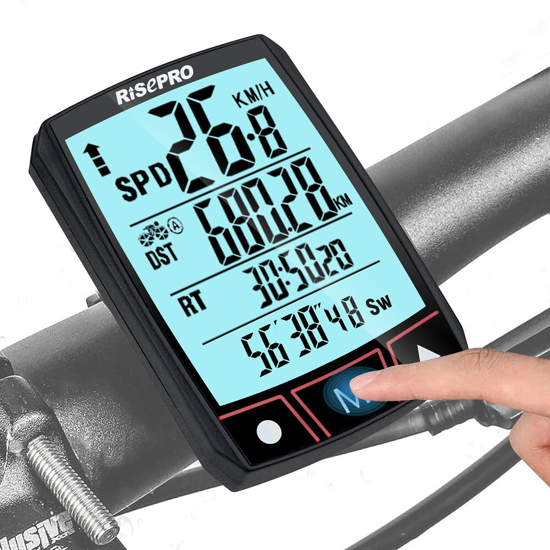 RISEPRO Fahrradcomputer, kabellos, wasserdicht, multifunktional, mit LCD-Display mit Hintergrundbele