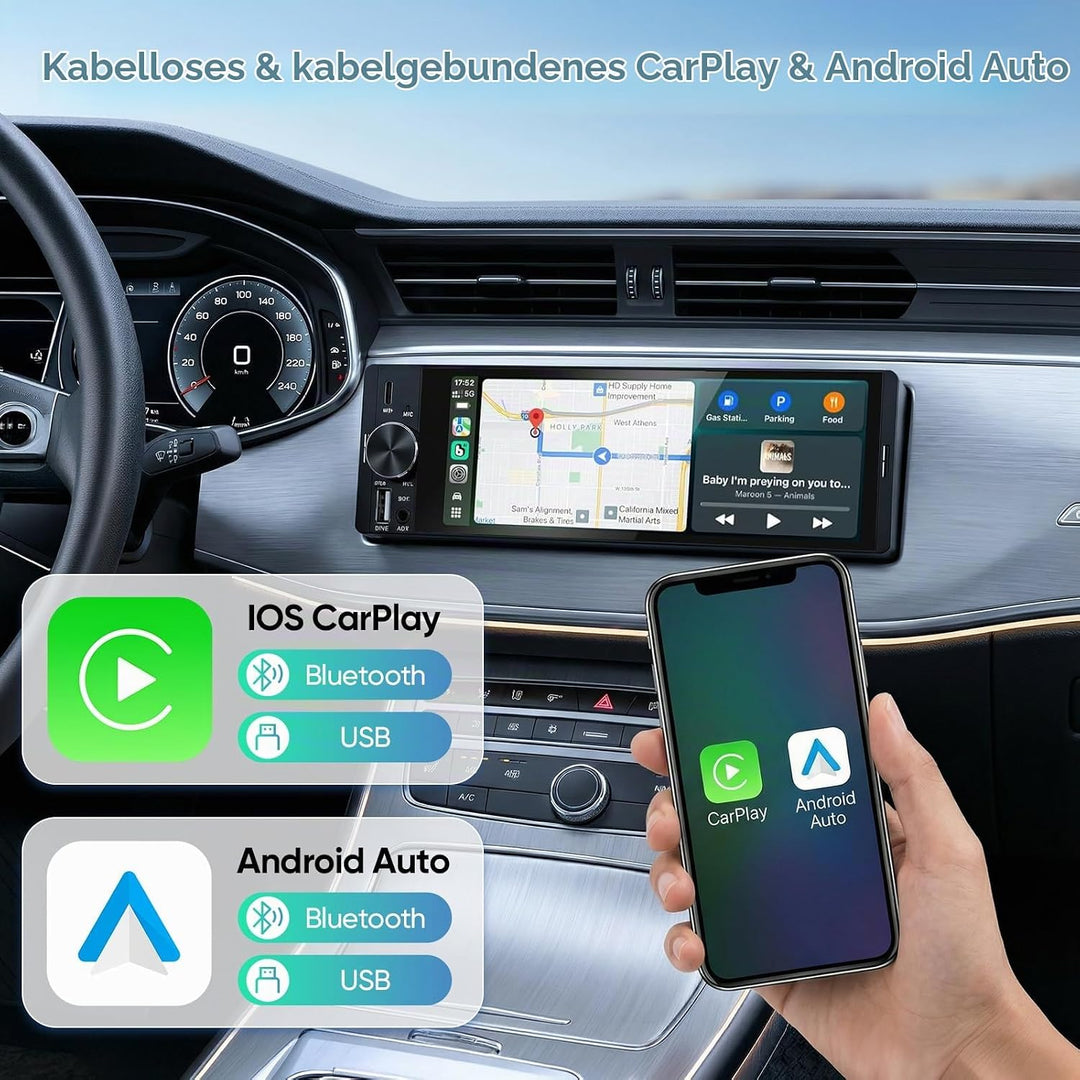 6,3 Zoll 1 DIN Autoradio mit Wireless CarPlay &amp; Android Auto, Rückfahrkamera, Mirror Link, Freisprec
