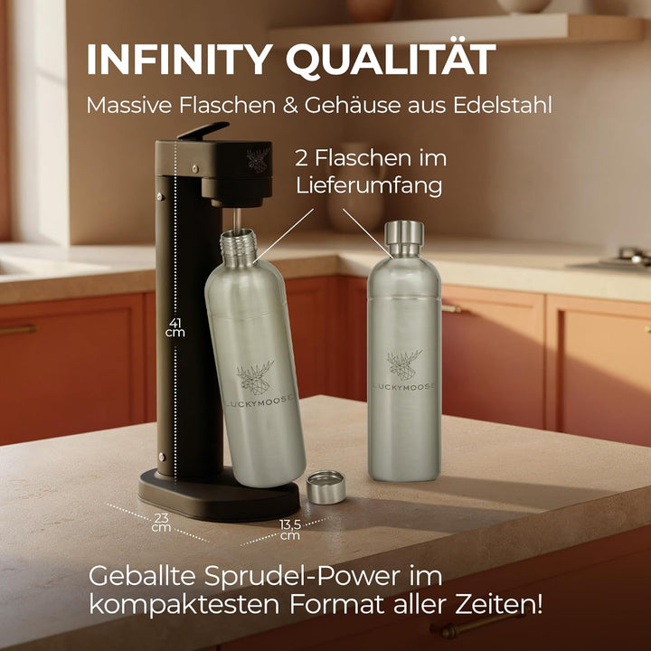 Infinity-S Wassersprudler aus hochwertigem Edelstahl (Black/Silver) – inkl. 2x 1,25L Edelstahlflasch