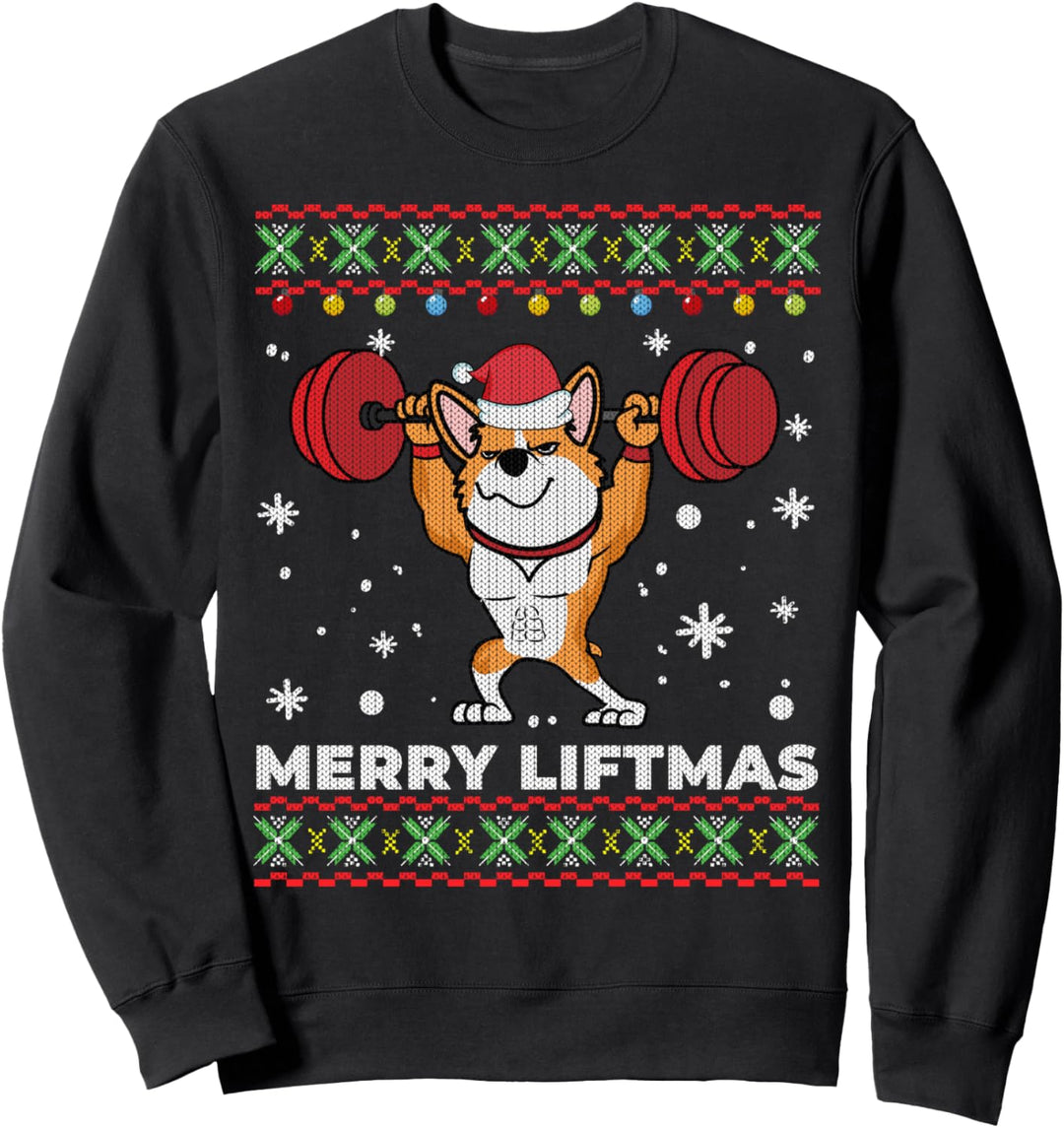 Merry Liftmas Weightlifting and Corgi Dog Ugly Sweater Sweatshirt