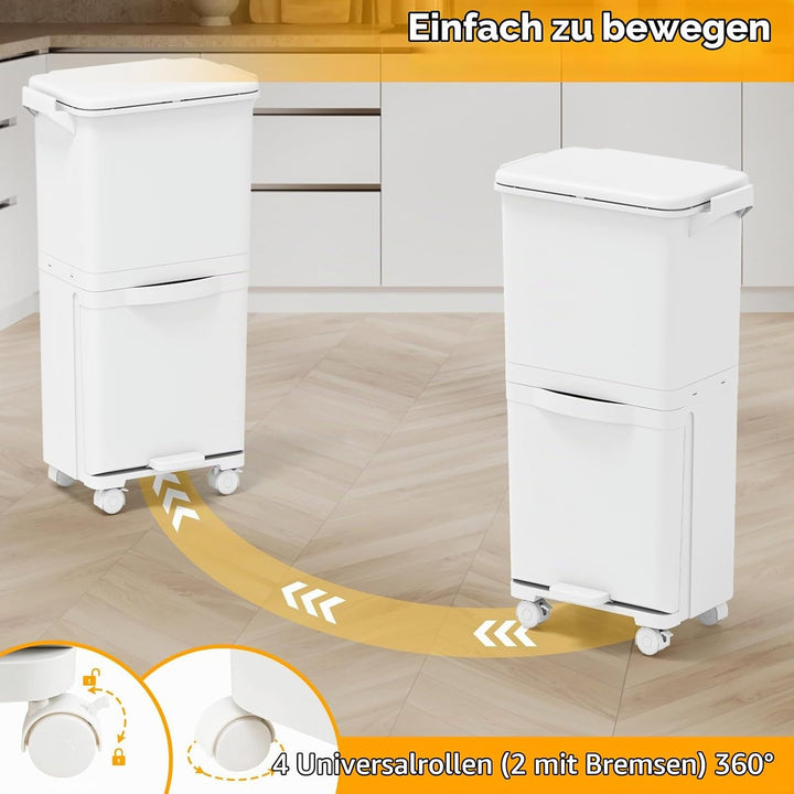 GIANTEX Mülleimer Küche 3 Fächer 36 Liter, Abfalleimer mit Deckel, Tretmülleimer auf Rädern, Abfallb