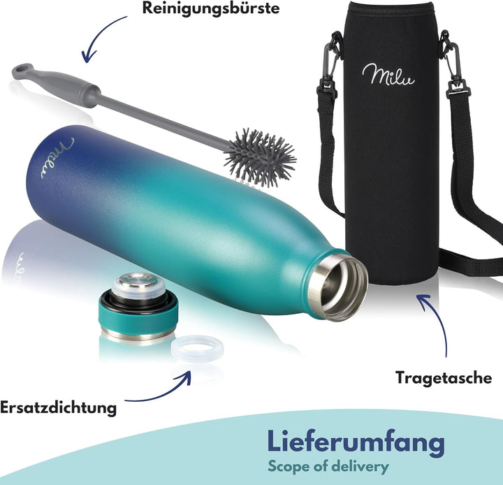 Milu Edelstahl Trinkflasche 350ml, 500ml, 750ml, 1L, 1,5L – Thermosflasche für Kinder Erwachsene aus