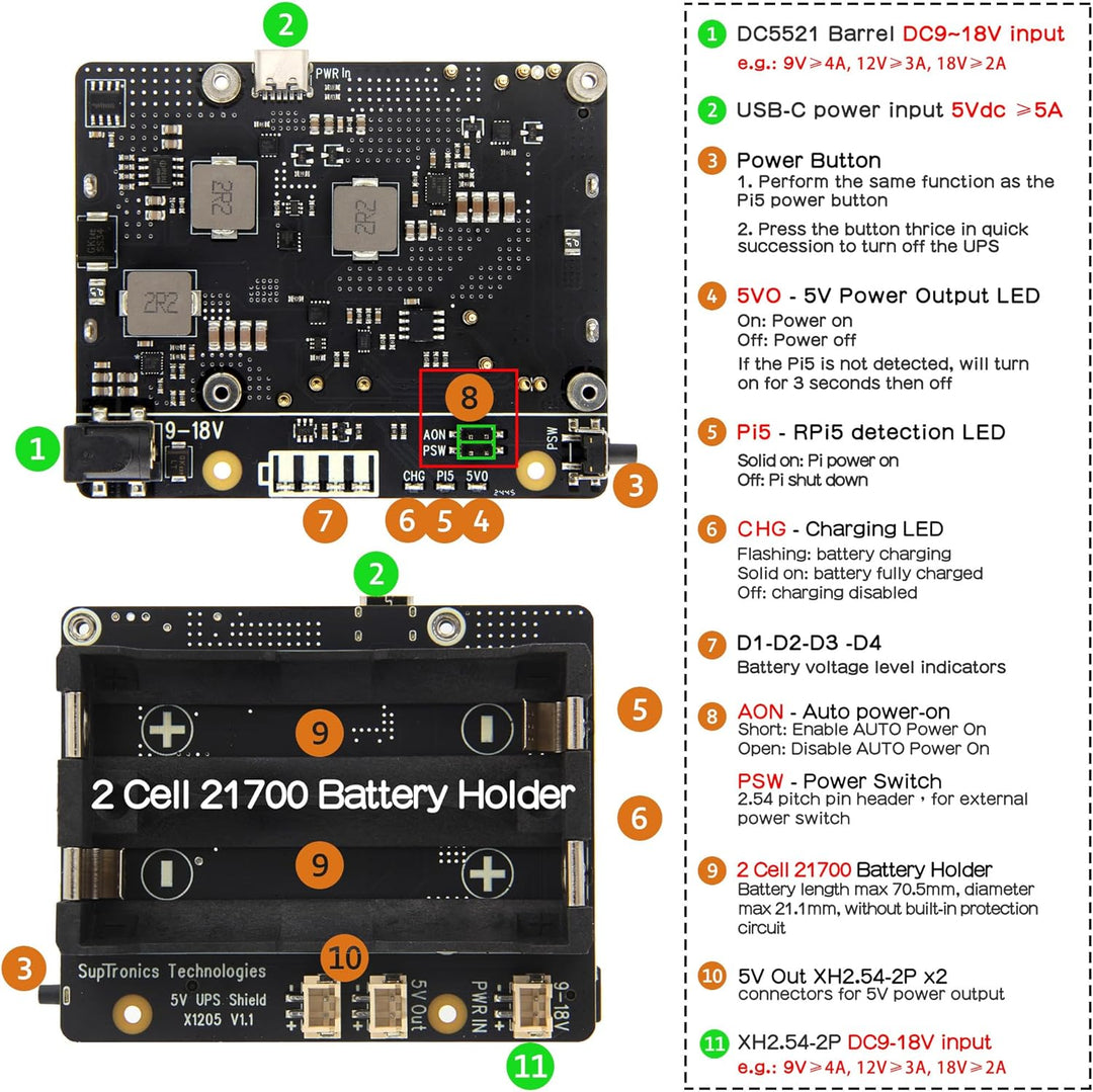 Geekworm X1205 UPS HAT Shield for Raspberry Pi 5, Max 5.1V 6A Output | Wide 9-18V Input, Auto Power