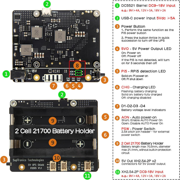 Geekworm X1205 UPS HAT Shield for Raspberry Pi 5, Max 5.1V 6A Output | Wide 9-18V Input, Auto Power
