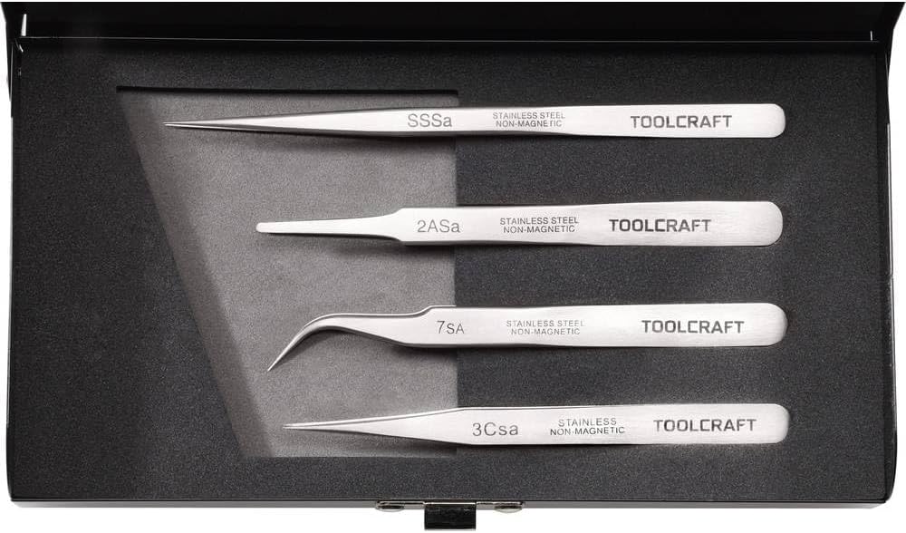 TOOLCRAFT 816747 Pinzetten-Set 4teilig SS SA, 2a SA, 7 SA, 3c SA Flach-rund, Sichelspitze, gebogen 5