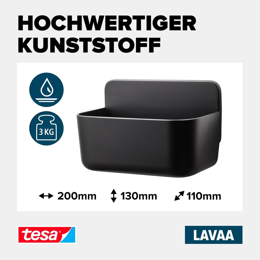 tesa Lavaa Duschkorb S, schwarz matt - Duschablage zur Wandmontage ohne Bohren, inkl. tesa Powerstri