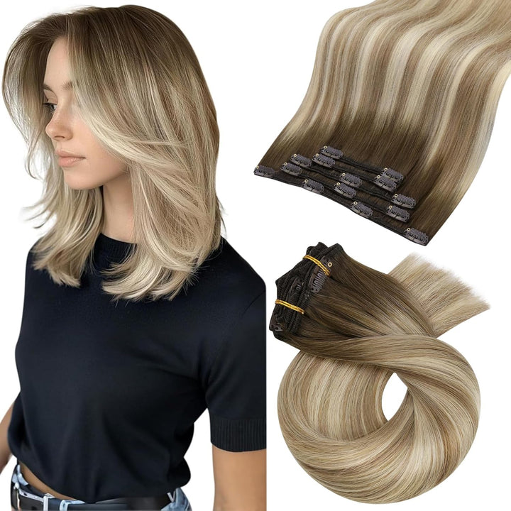 Moresoo Clip in Extensions Echthaar Braun Haarverlängerung Ombre Clip in Hair Extensions Remy Echtha