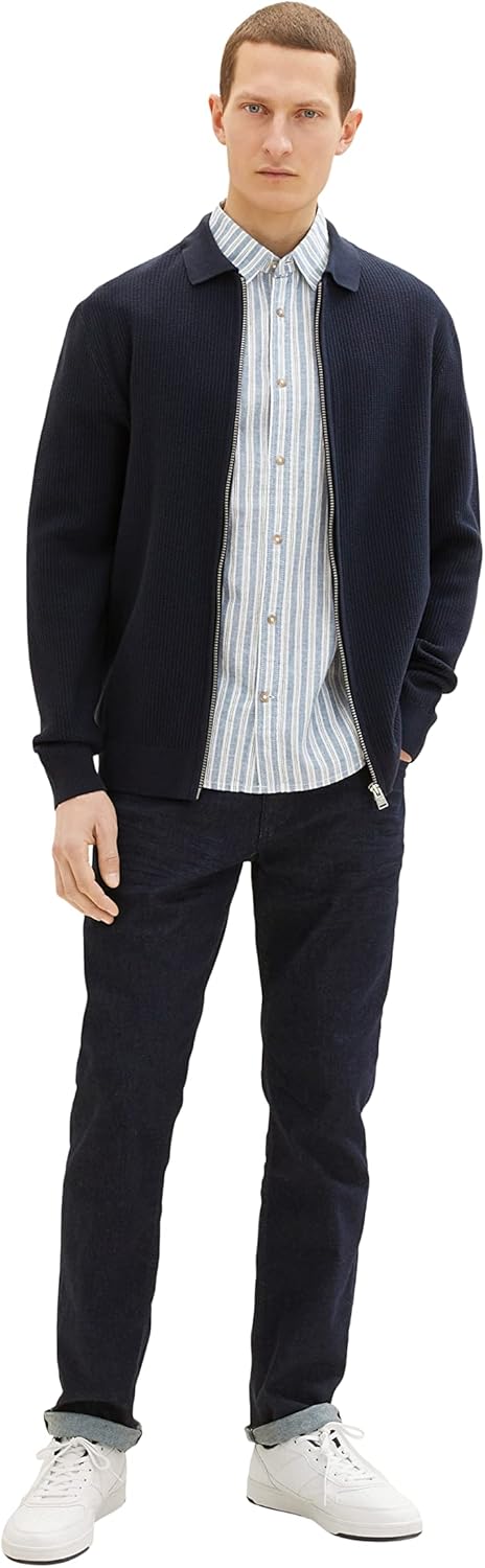 TOM TAILOR Herren Kurzarm-Hemd aus Leinen M 31243 - Blue Navy White Stripe, M 31243 - Blue Navy Whit
