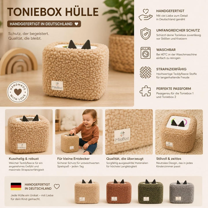 hochwertiger Teddybezug für Toniebox 1 und 2 – Handgefertigt in Deutschland, mit weichem Teddystoff,