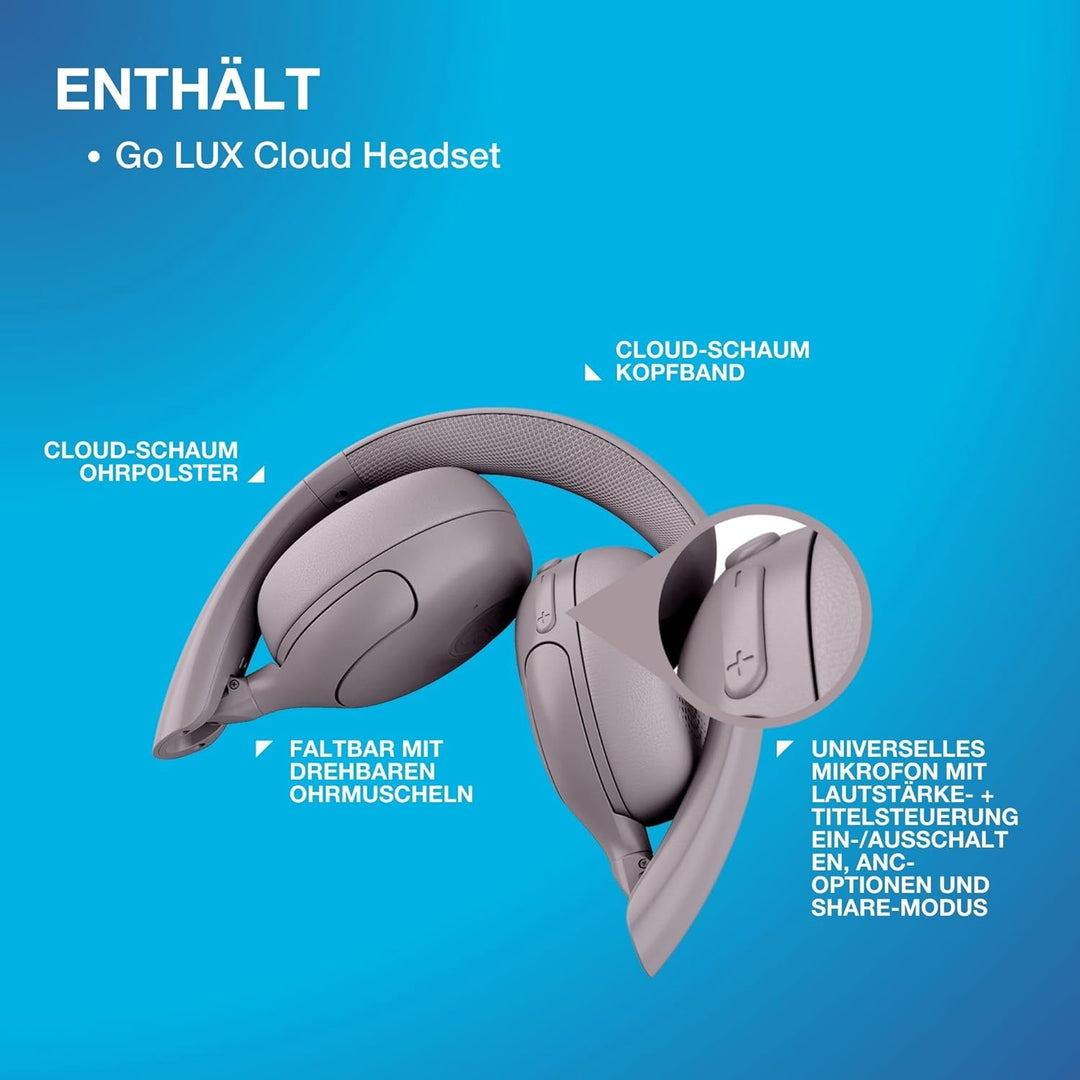 JLab Go Lux ANC Kopfhörer Noise Cancelling - Kabellose Bluetooth On Ear Kopfhörer mit Mikrofon, Akti