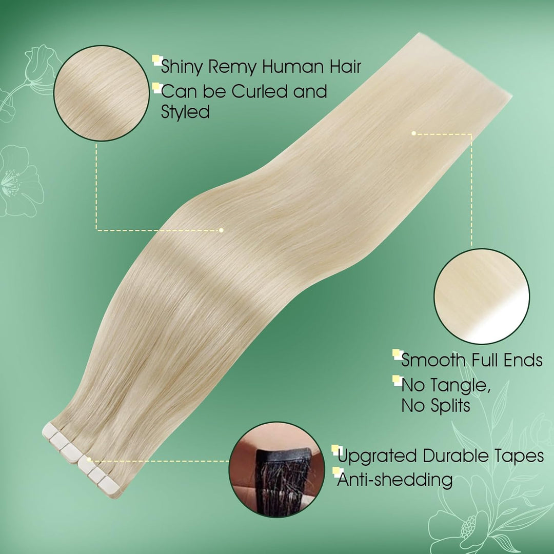 RUNATURE Tape Extensions Echthaar Blond 55cm Lang Haarverlangerung Echthaar Tape in Glatte Haare 50g