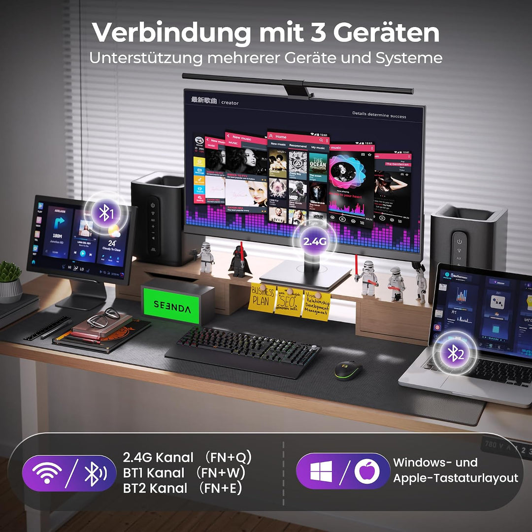 Beleuchtete Bluetooth Kabellose Tastatur mit Maus Set, QWERTZ, Schwarz | 3 Geräte Verbindung, webbas