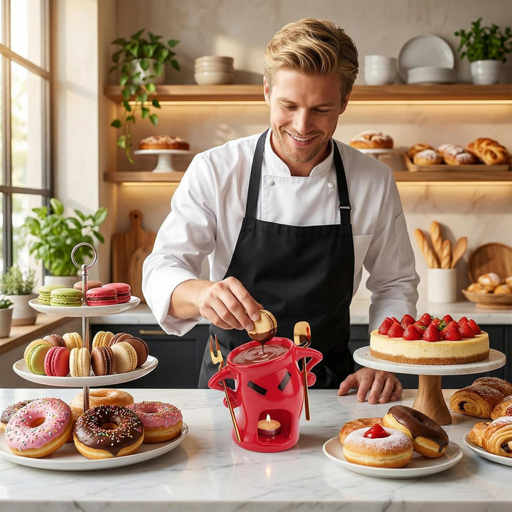 Schokofondue Tasse - Keramik Schokoladenfondue Set mit Löffel und Gabel, Einzigartiges Design mit Ha