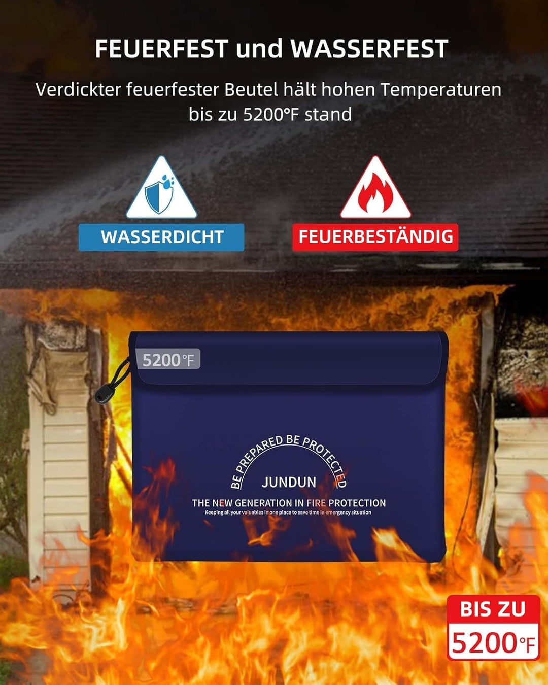 JUNDUN Feuerfeste Dokumententasche mit 5200℉ Wärmeisolierung, 36x26cm wasserdichte und feuerfeste Ge