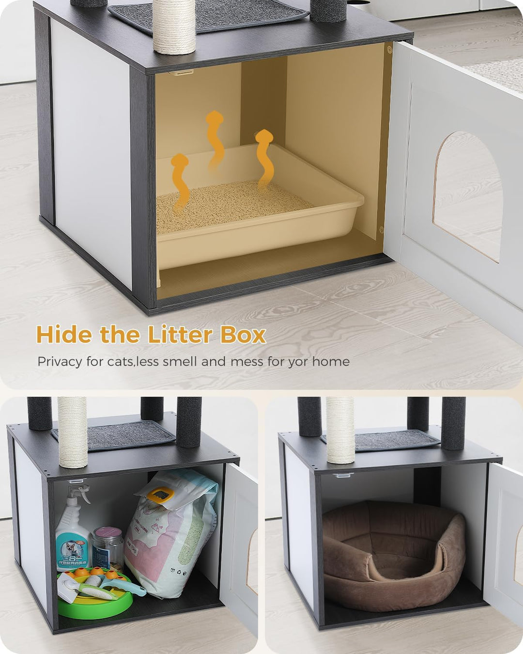 PAWZ Road Moderner Katzenbaum Holz Katzenturm mit Aufbewahrungsschrank Katzentoilette Gehege und ger