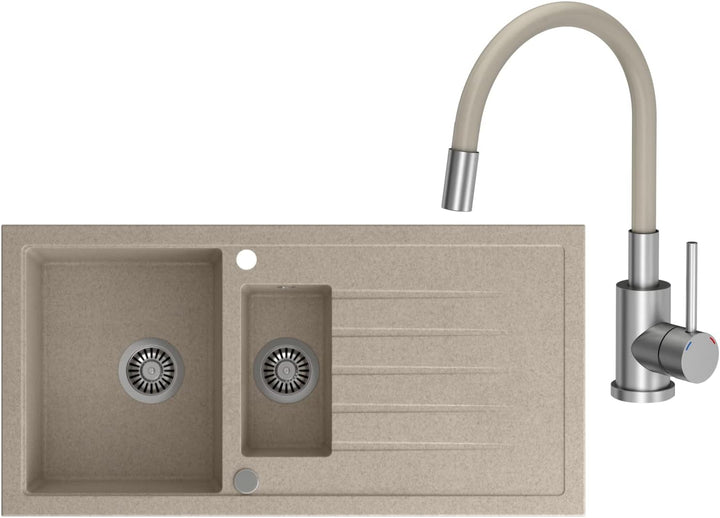 VBChome Spülbecken mit Armatur 100 x 50 cm Einzelbecken Beige Granit Rechteckig Reversibel Einbauspü