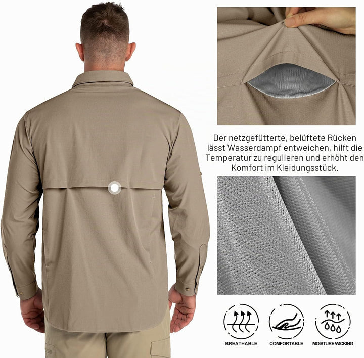 33,000ft Safari Hemd Herren Langarm Sportshemd UPF50+ UV Schutz Funktionshemd Atmungsaktiv Button-Do