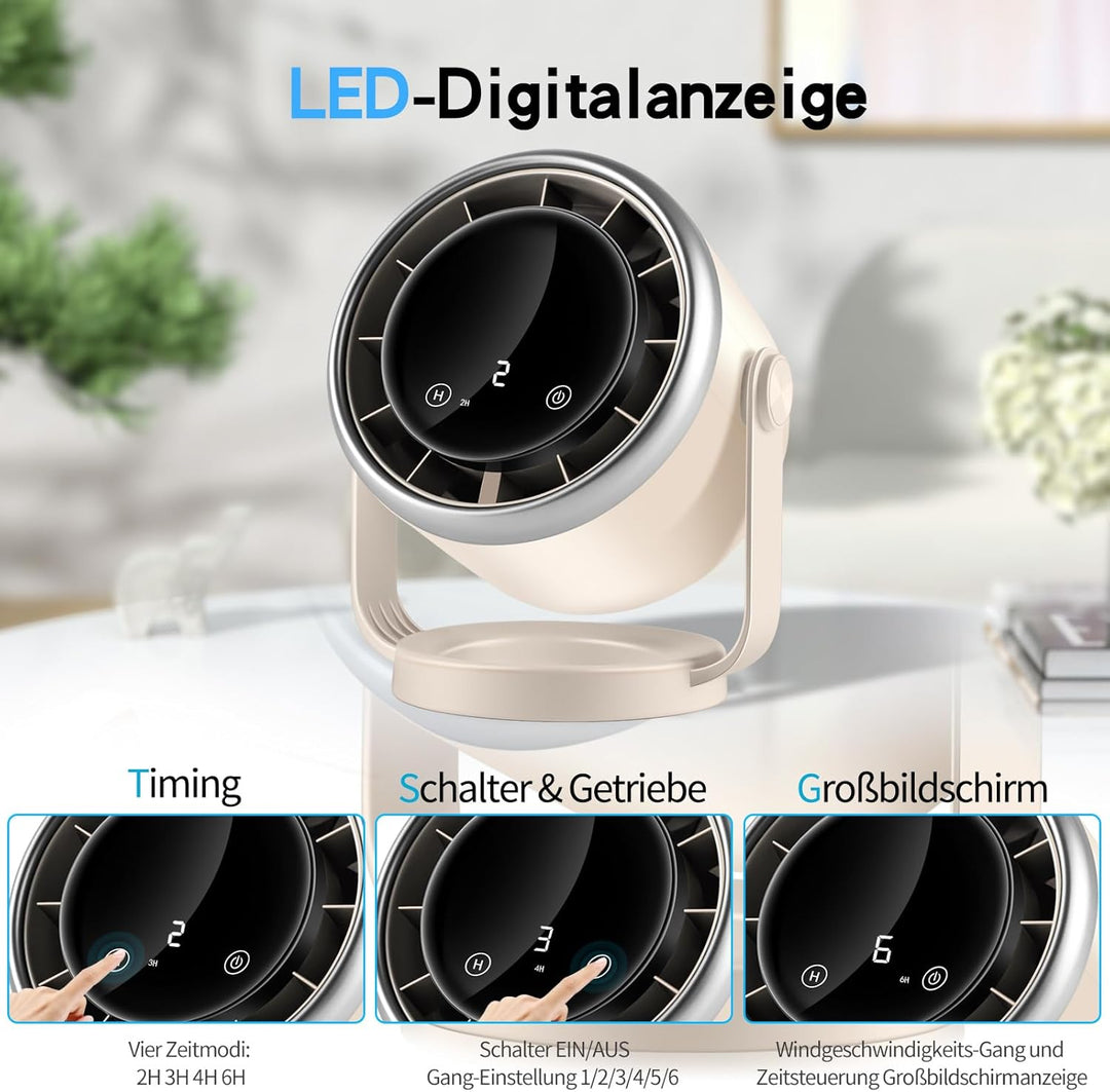 Schreibtischventilator mit batteriebetrieben, leise, digitale Anzeige, tragbarer Ventilator 360° dre