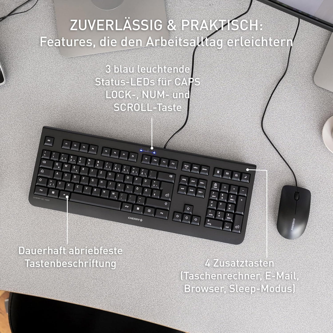 CHERRY KC 1000 - USB Tastatur - Flaches Design - Kabelgebunden - „der Blaue Engel“ - GS-Zulassung -
